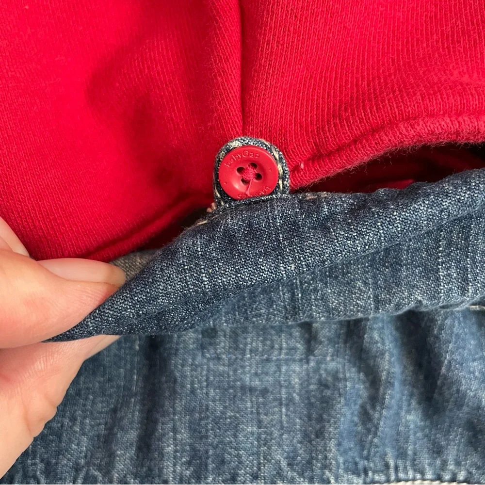 Gap Baby Jacket Denim Embroidered Handsome Devil Removable Hood Pockets Blue Red